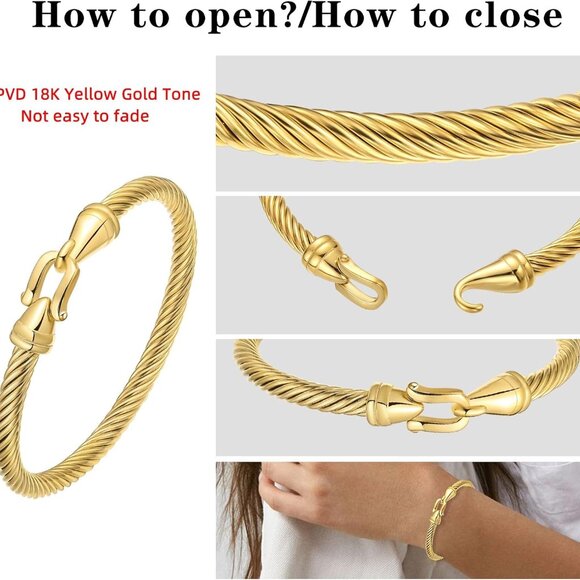 Stainless Steel Twisted Cable Wire Bracelets with Hook Adjustable Cuff Bangle Br - Picture 5 of 7